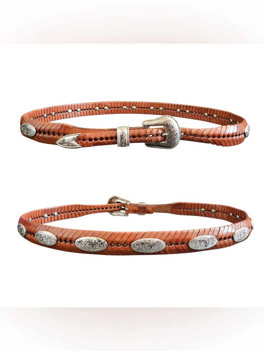Tony Lama Men's Vintage Western Brown Leather Braided Silver Concho Belt Size 38